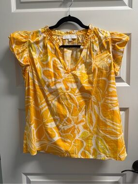 Sugarlips Yellow & White Floral V-Neck Flutter Sleeve Top